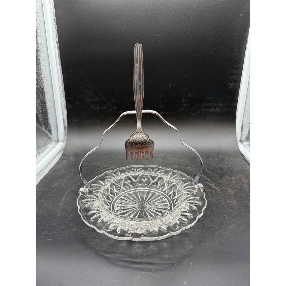 Vintage Pressed Glass Relish Dish with Chrome Handle and‎ Serving Fork Set